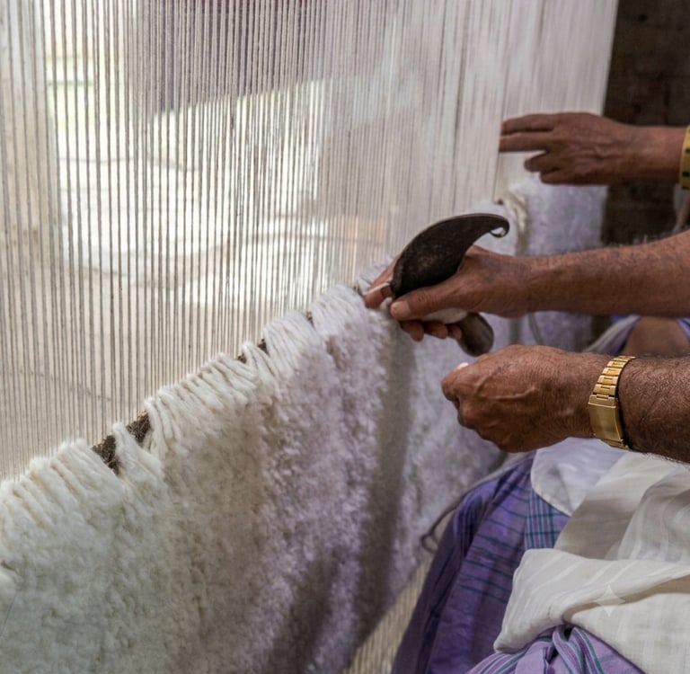 Handknotted rug weaving on loom