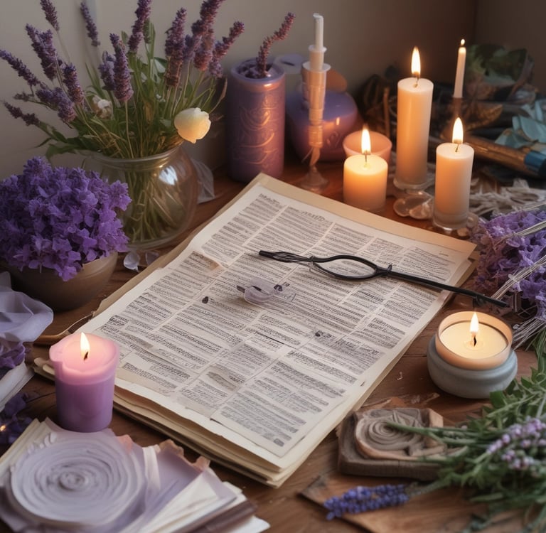 Desktop with paper, flowers, and candles