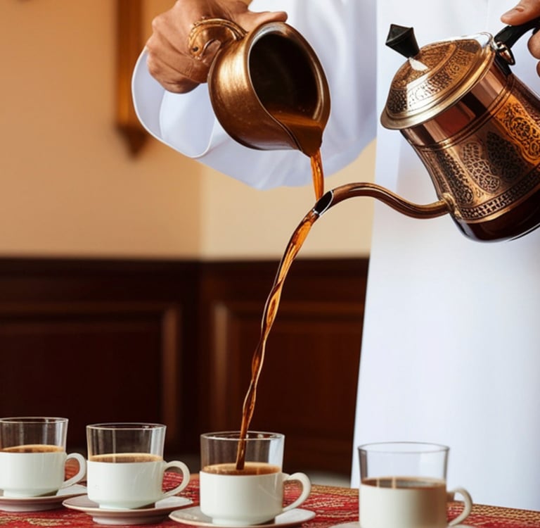 A man in traditional dress pouring Arabic coffee from a copper dallah pot into small cups.