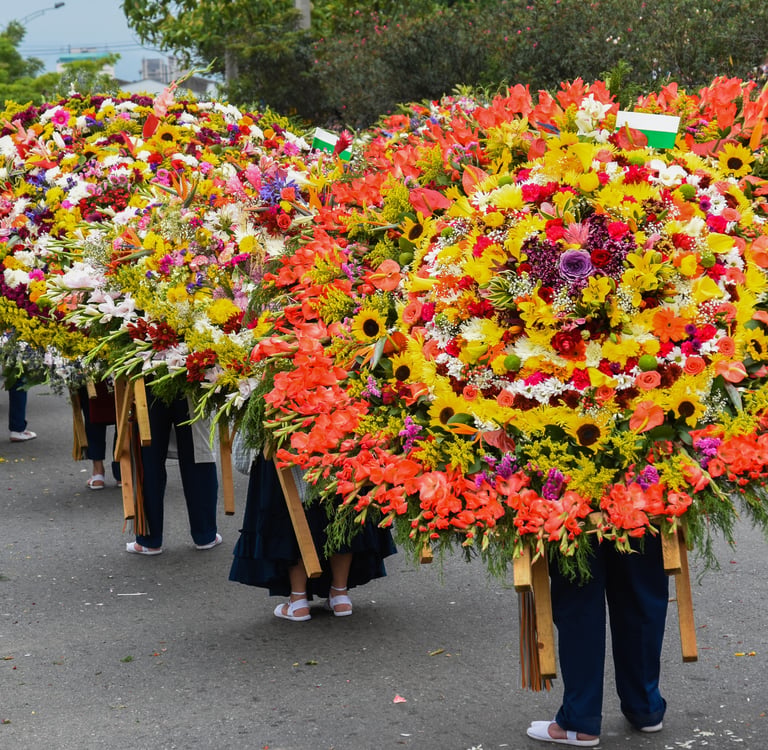 Silleteros carrying large circular flower displays during the Feria de las Flores in Medellín, Colombia.