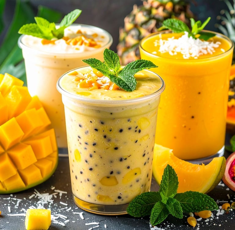 Refreshing tropical fruit smoothies made with fresh mango, passion fruit, and papaya garnished with mint.