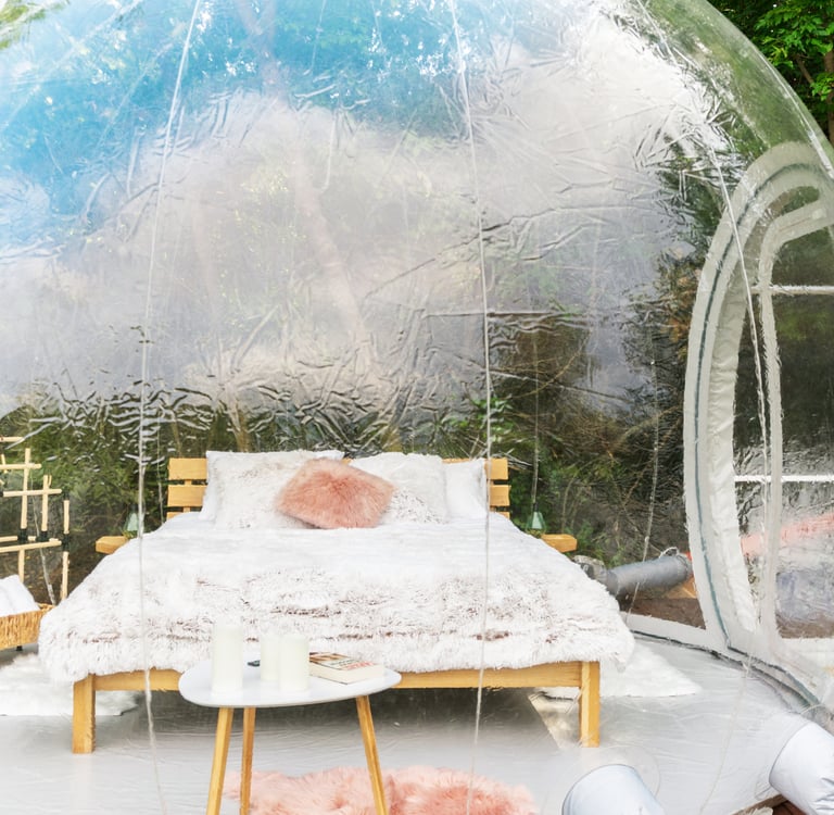 Luxury transparent bubble tent glamping suite with a cozy bed and plush decor in a forest.