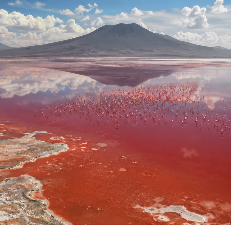 Pink flamingos wading in the vibrant red waters of Laguna Colorada with a mountain reflection in Bolivia.