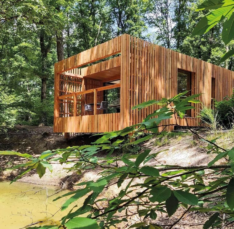 Modern eco-friendly wooden cabin with a slatted facade nestled in a lush green forest by a pond.
