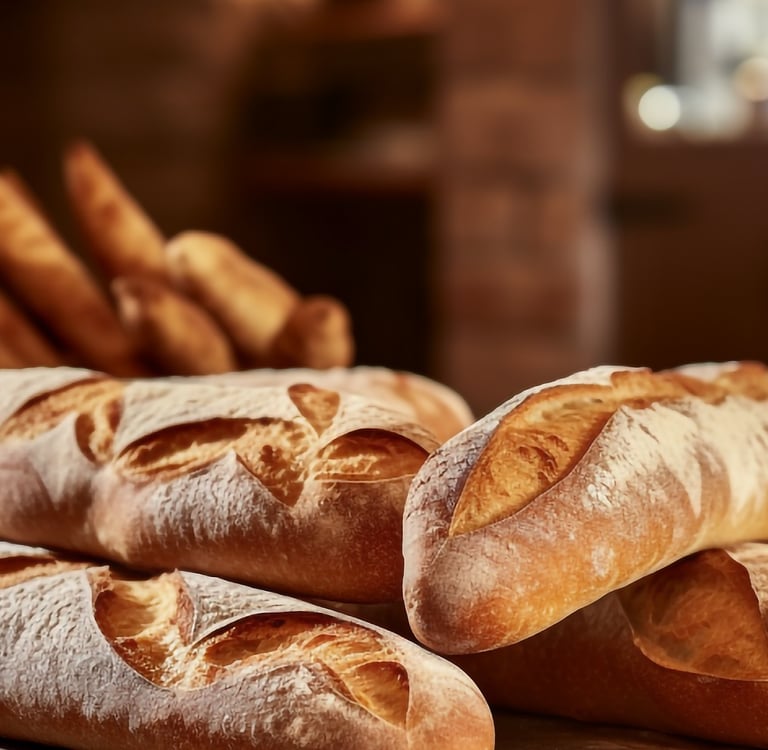 Freshly baked artisan French baguettes with a golden crust displayed in a rustic bakery setting.