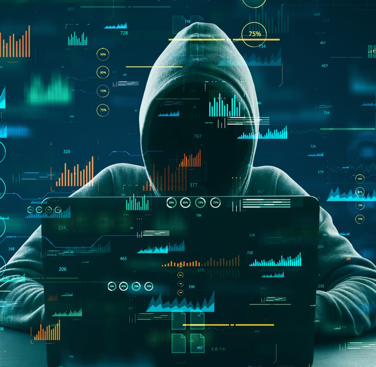 A hooded hacker using a laptop surrounded by digital data analytics, cybersecurity charts, and system code graphs.