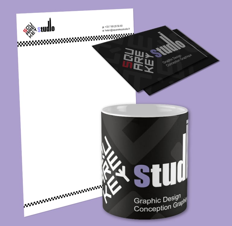 Branded items from SquareKeyStudio. Business stationery, business cards, mugs