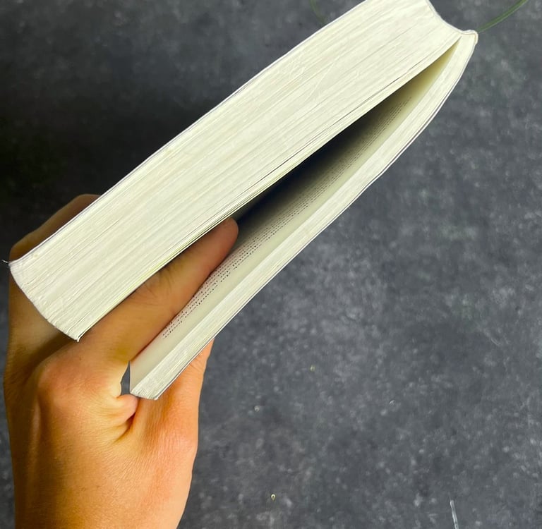 Een gesloten boek in de hand, wijsvinger er tussen om het laatste hoofdstuk te markeren