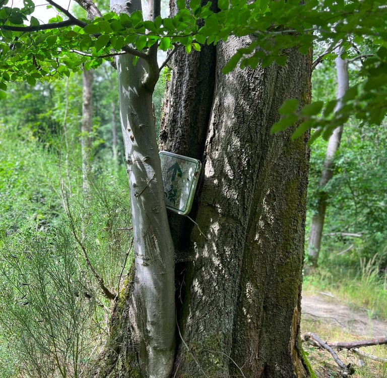 Vergroeid bordje van wandel- of fietsroute in boom langs het pad in het Hürtgenwald.