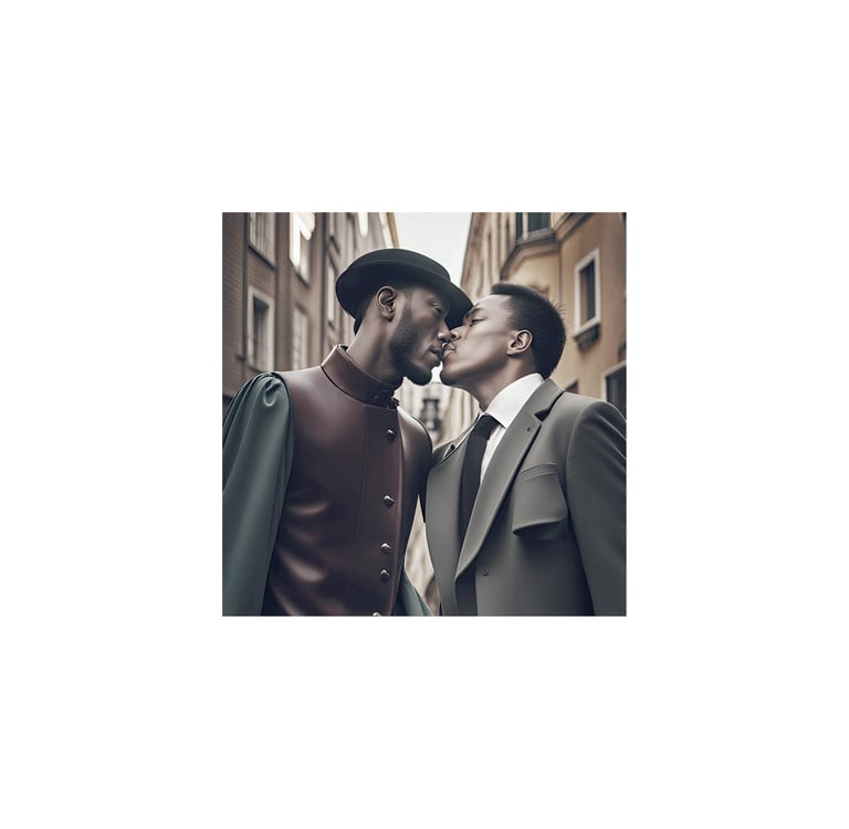 two men in suits and ties kissing in a city