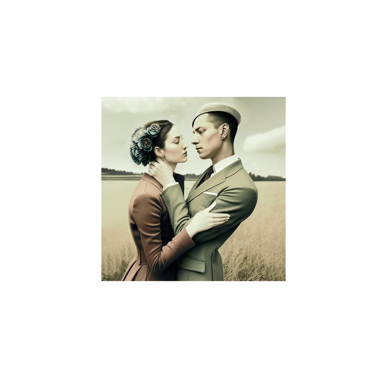 a man and woman in a field of tall grass