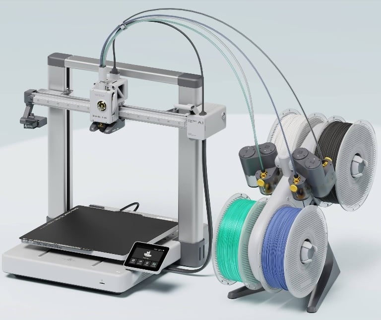 Bambu Lab A1 3D printer with AMS lite multi-color filament system and four spools.