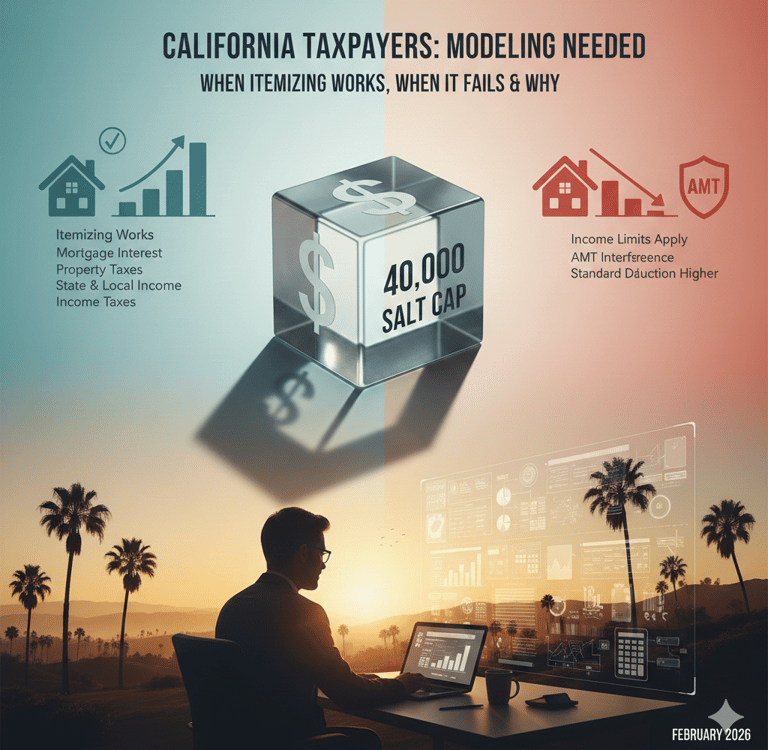 Infographic comparing benefits and drawbacks of the $40,000 SALT cap for California taxpayers