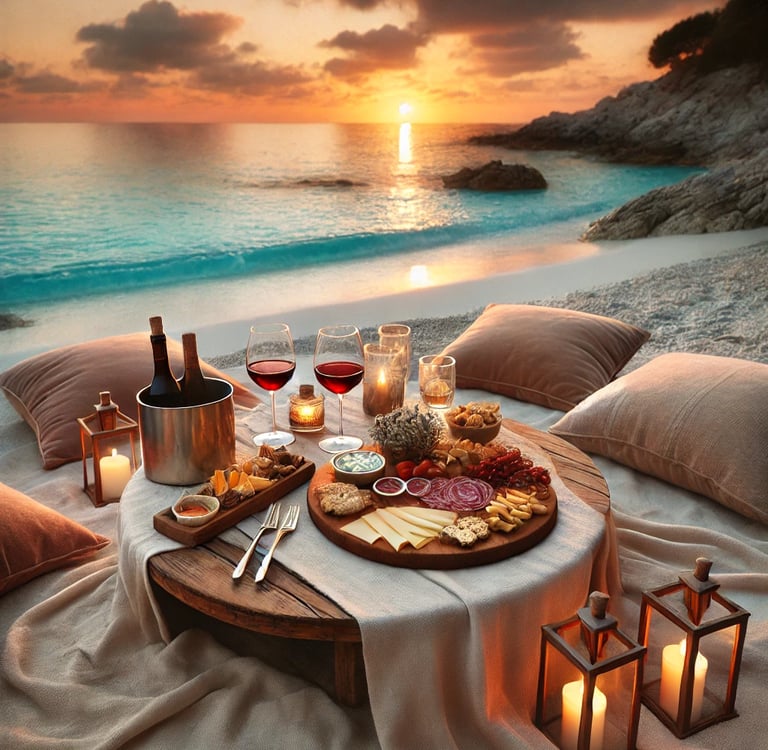 Un picnic romántico en la costa mediterránea al atardecer. Una mesa baja de madera rústica con una t