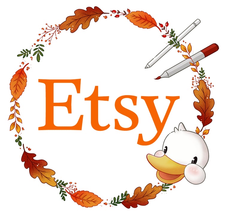 Etsy logo inside an autumn leaf wreath with an artist pen and a cute cartoon duckling.