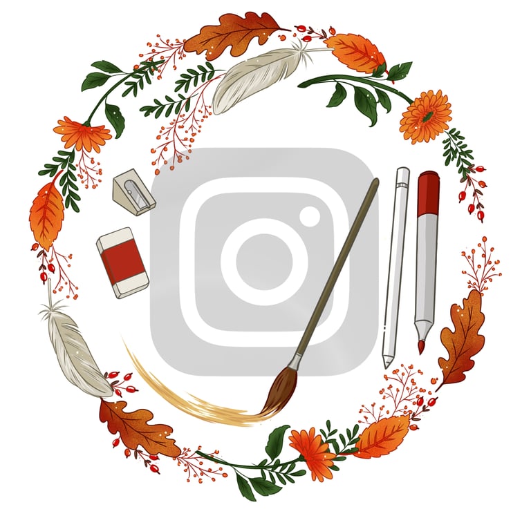Autumn art supplies and Instagram logo inside a decorative fall leaf and floral wreath.