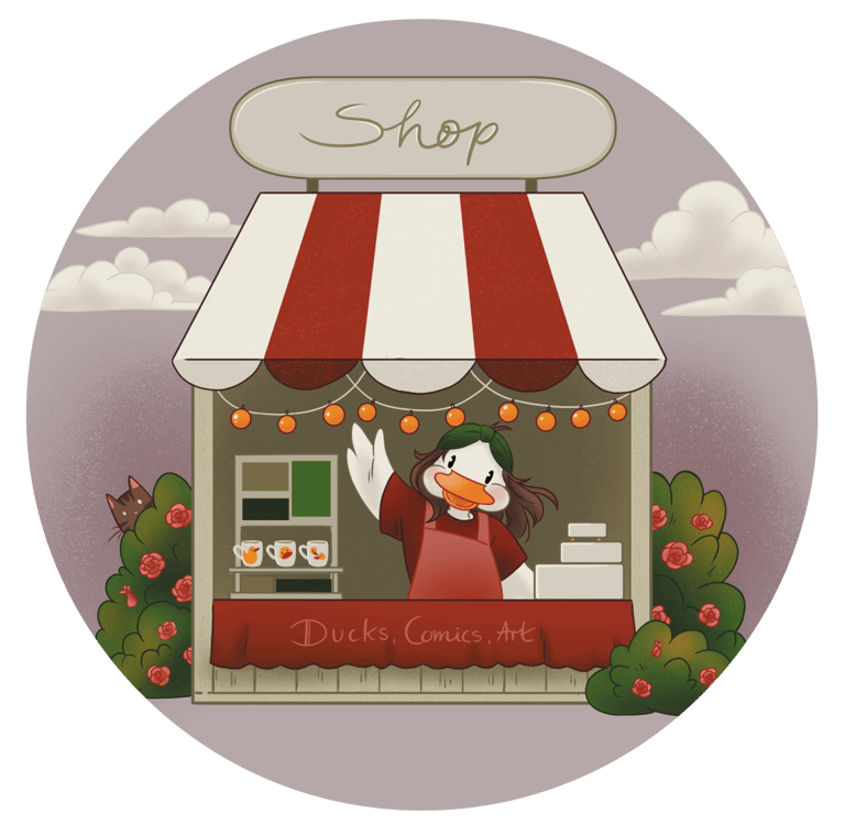 Cute duck character waving from a red and white striped art shop stall with flowers and clouds.