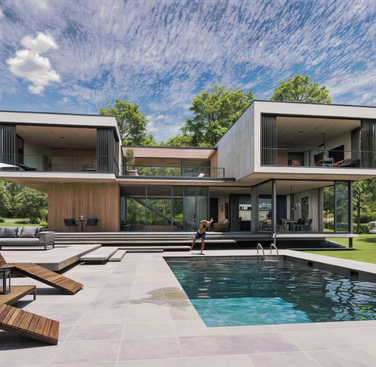 a house with a pool and lounge chairs