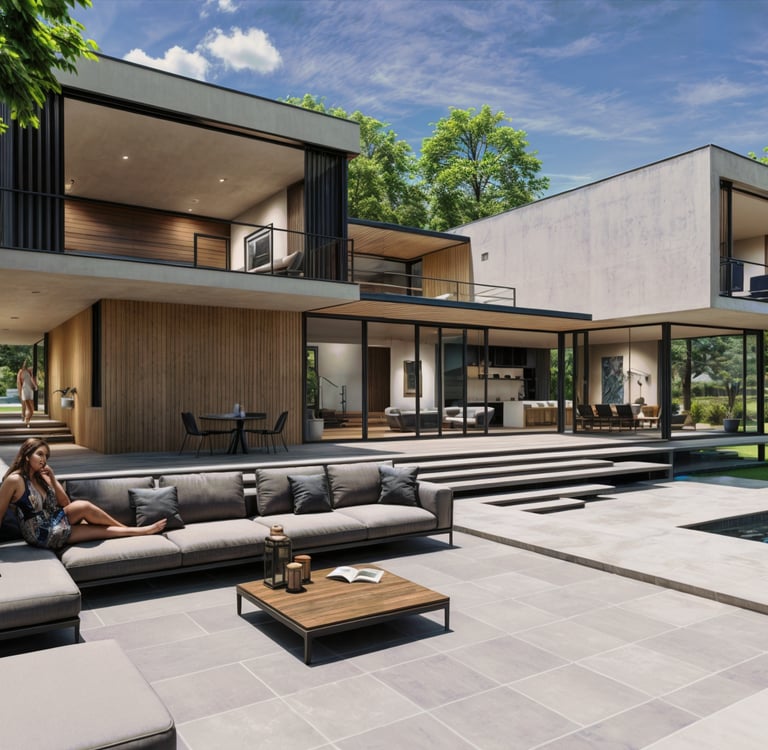 a woman sitting on a couch in front of a house