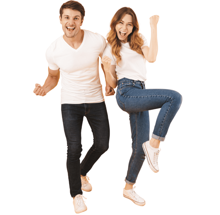 a man and woman are standing in front of a white background