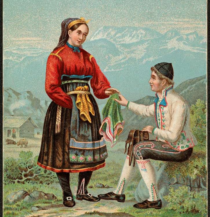 A painting of a main and woman in traditional costume with mountains in the background