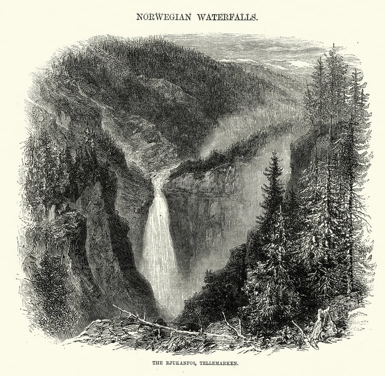 a pen and ink drawing of a mountain waterfall