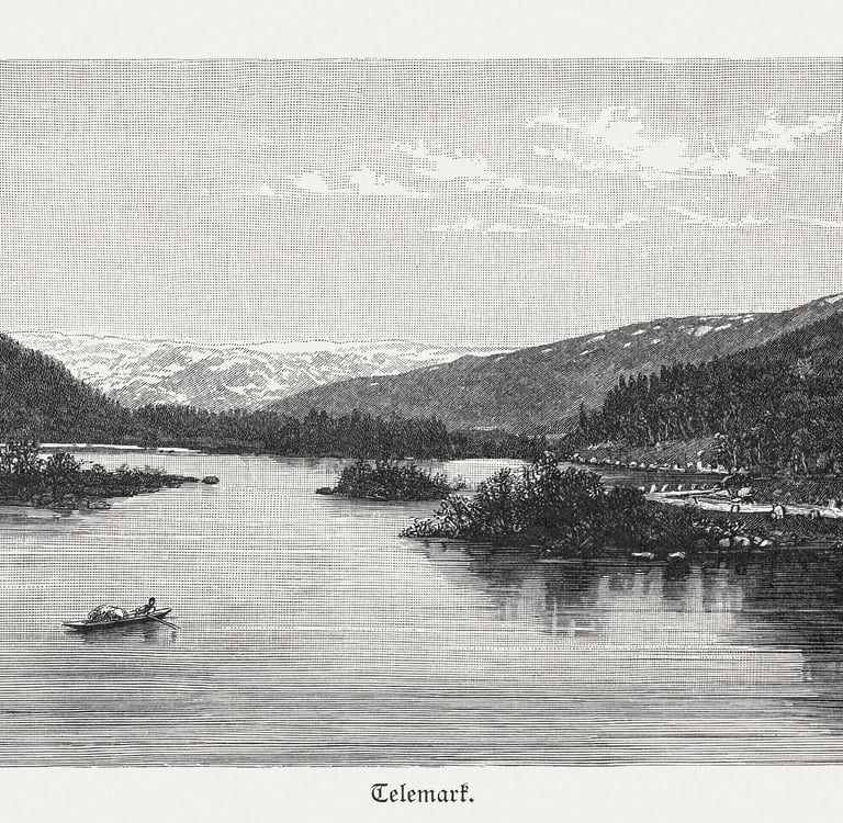 An old pen and ink drawing of mountains and a lake in Telemark