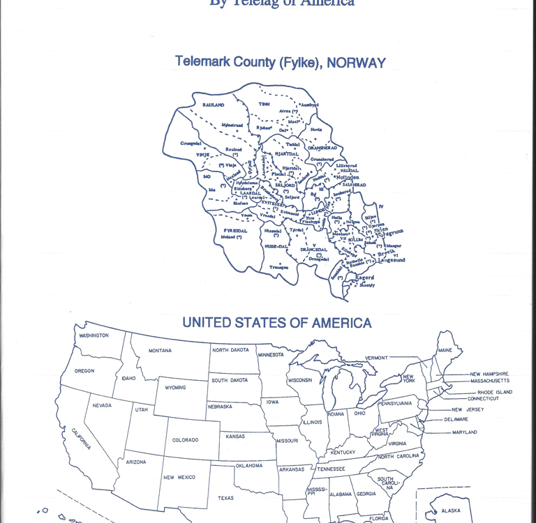 Cover of Telemark to America Vol 2 featuring a map of Telemark and the united states
