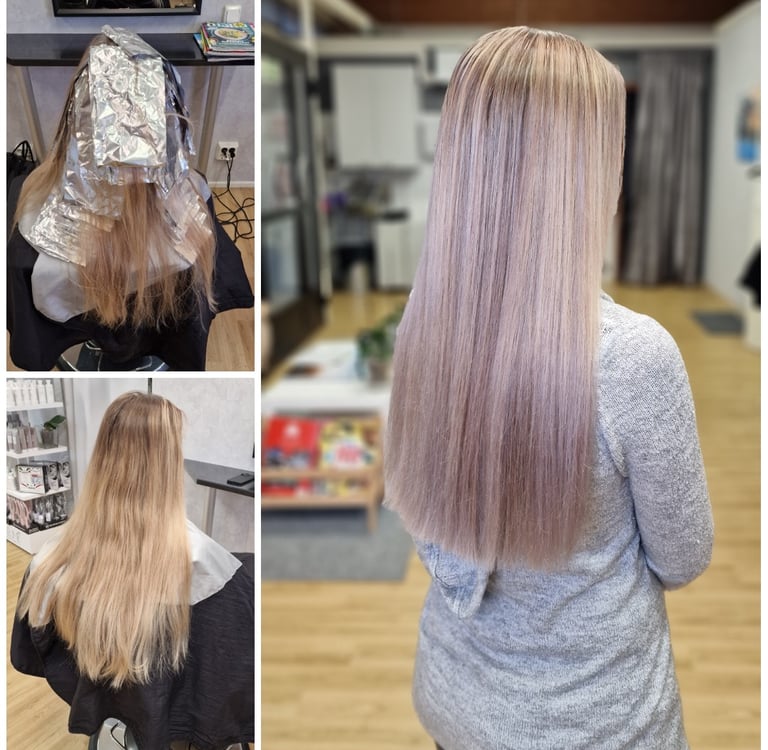 Pitkien hiusten raidoitus + sävytys. Kampaamo Studio naava Raisiossa