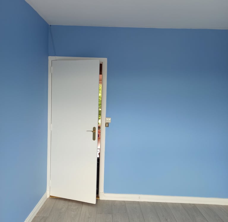 Intérieur moderne avec murs peints en bleu, parquet gris et porte blanche ouverte.
