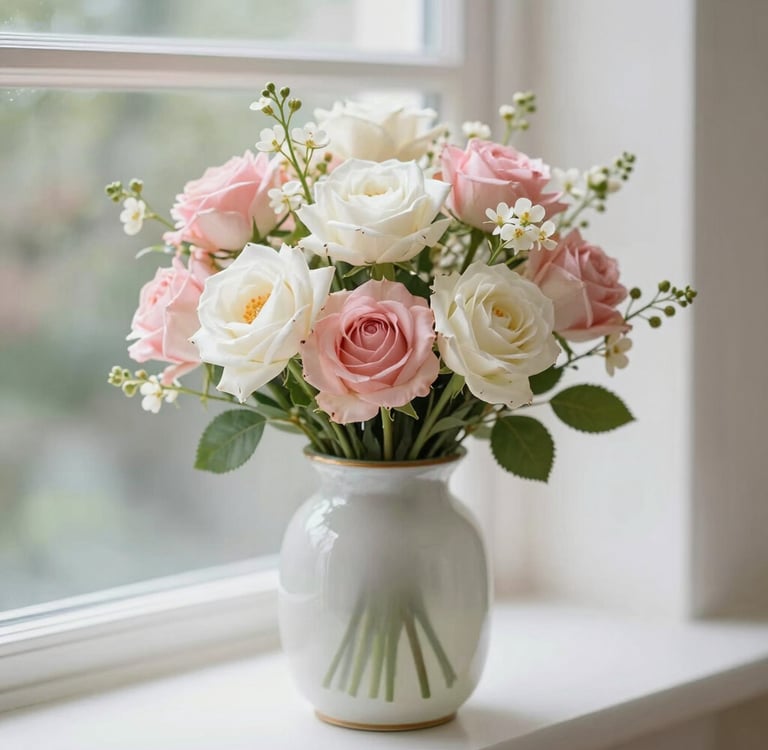 a table topped with a basket of flowers next to a bike