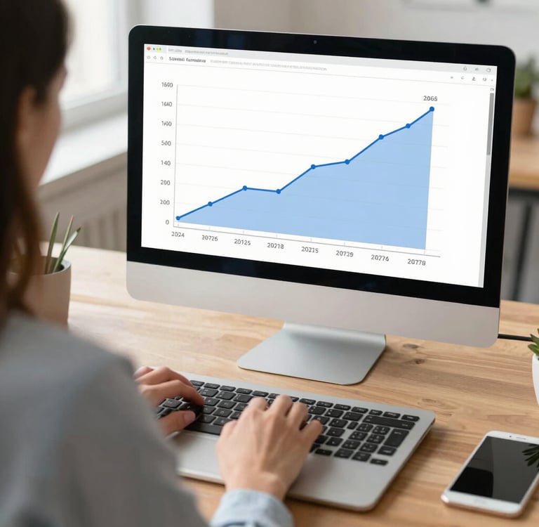 Close-up of a satisfied client smiling while using a laptop in a cozy workspace.