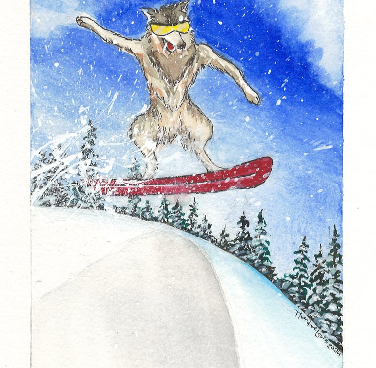 a wolf is riding on a snowboard
