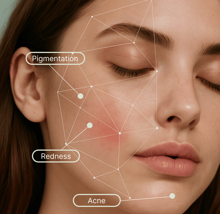 Digital skin analysis scanning a woman's face for acne, redness, and pigmentation issues.