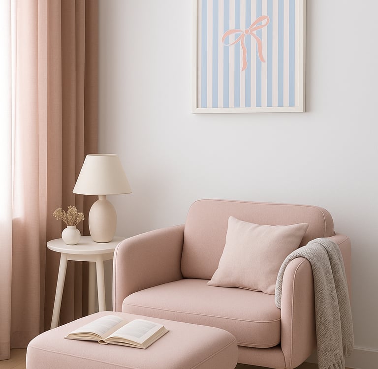 printable framed art of pink cute bow on blue stripes