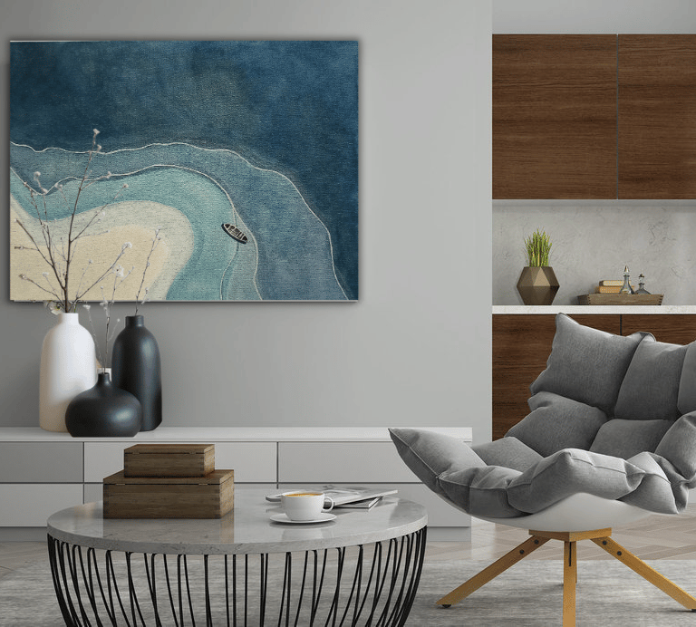 Minimalist Painting of top view of ocean with a still boat.