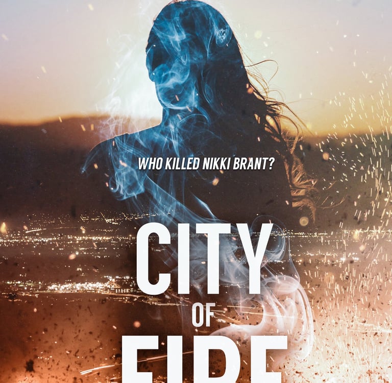 Cover of 'City of Fire' by Robert Ellis, featuring a dramatic cityscape engulfed in flames, a silhouette of Lena Gamble.