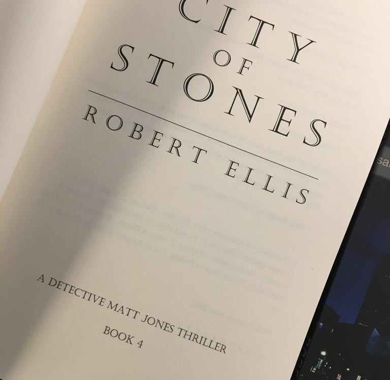 Photo of the title page to 'City of Stones’ by Robert Ellis, Book 4 in the gripping series featuring Detective Matt Jones.