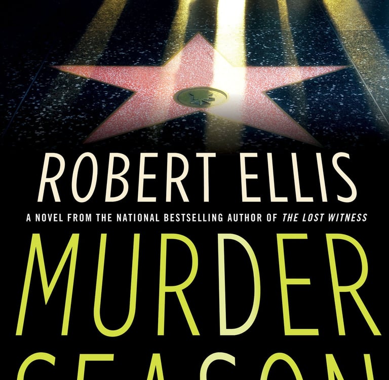 Cover of the UK edition of 'Murder Season' by Robert Ellis, shadowy figures walking over a star on the Hollywood Walk of Fame