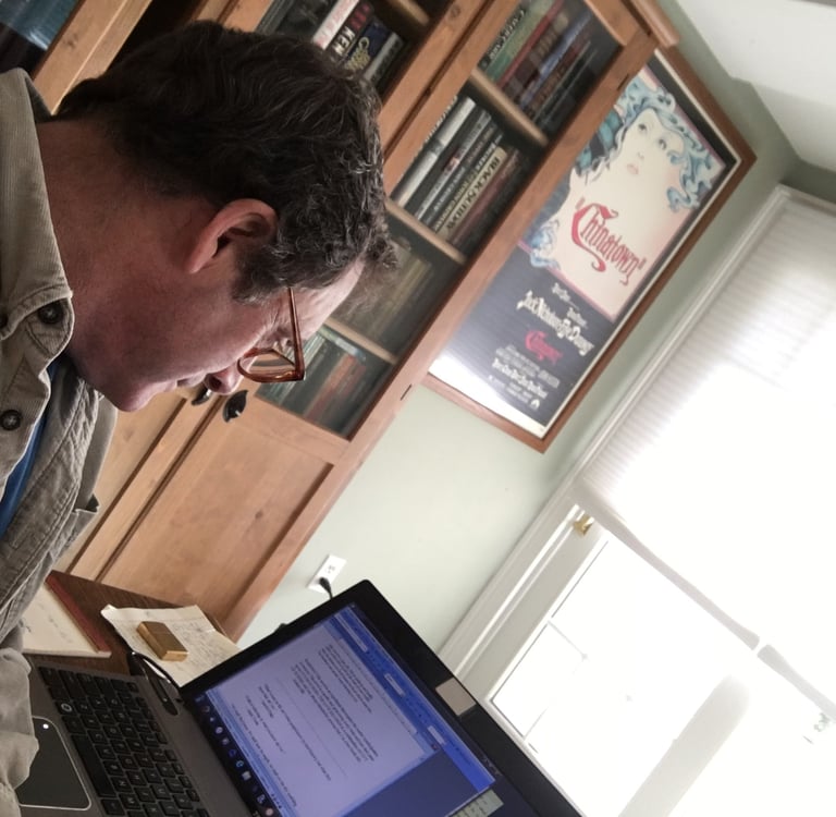 Photo of Robert Ellis, bestselling author at work on 'The Love Killings' Book 2 in the Matt Jones thriller series.