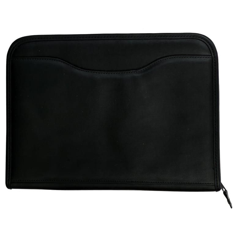 a black conference folder with a zipper