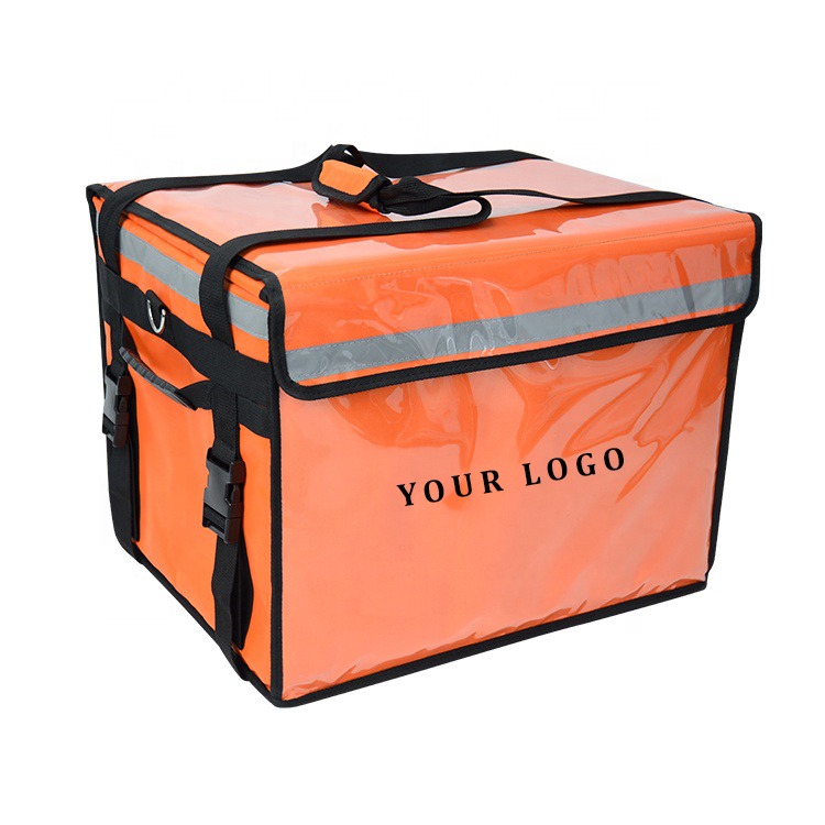 orange color courier bag with shoulder strap and written your logo