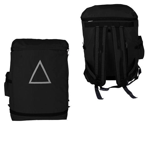 a black delivery bags with triangle silver logo for bikes