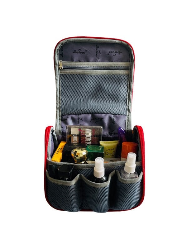 red makeup bag with multiple space to keep products