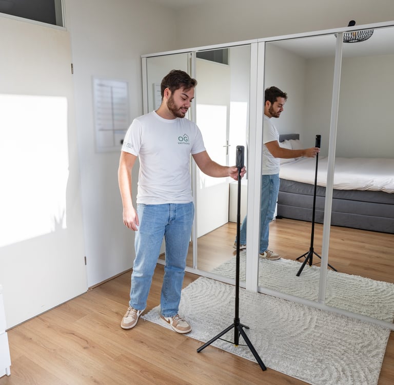 Medewerker van OG Vastgoed zet een 360°-camera klaar voor woningpresentatie