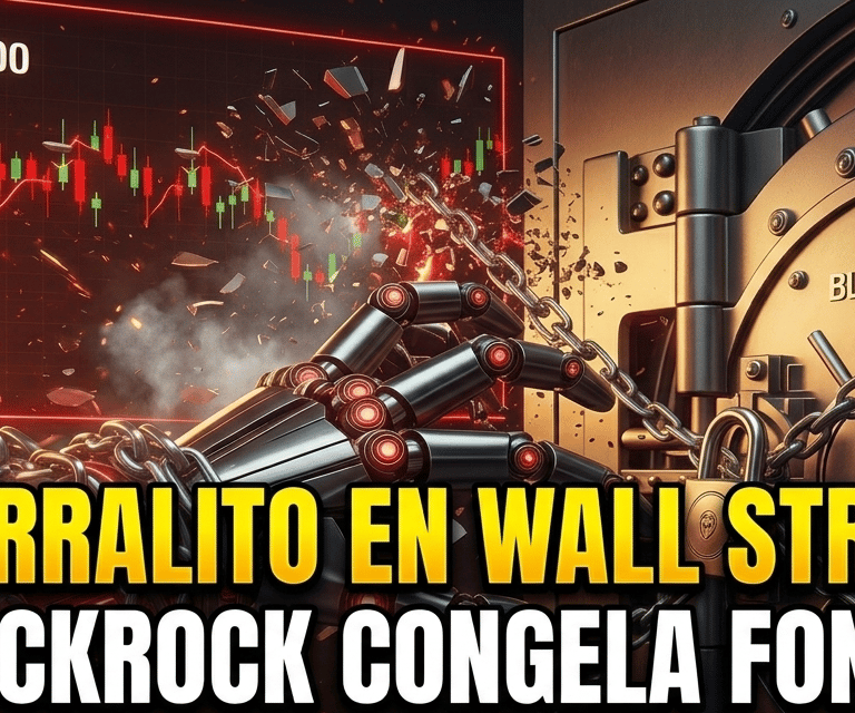 BlackRock bank vault with robotic arm and S&P 500 stock market chart showing a financial crash.