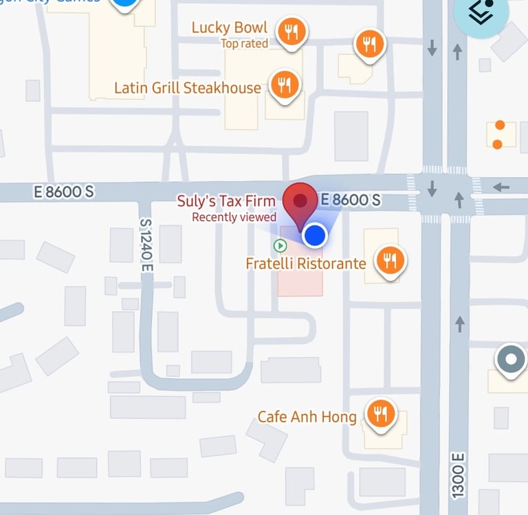 Map showing the location of Suly's Tax Firm in Sandy, UT near 8600 E S and 1300 E