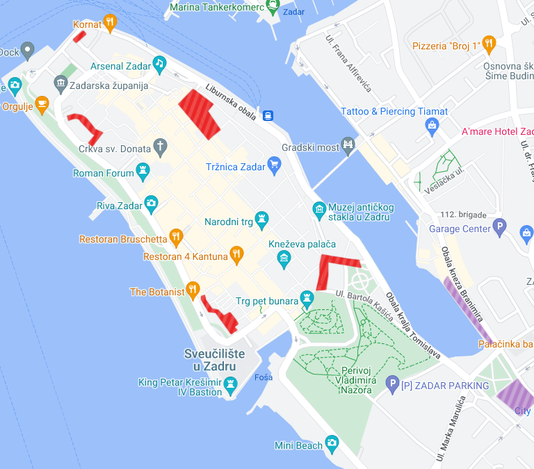 A map of Zadar, showing parking in Zone 3