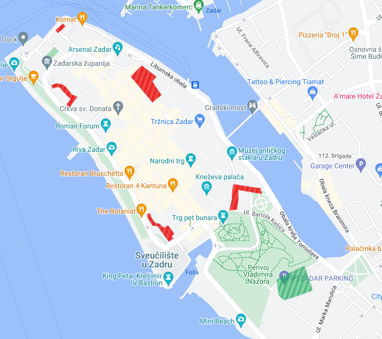 A map of Zadar, showing parking in Zone 4