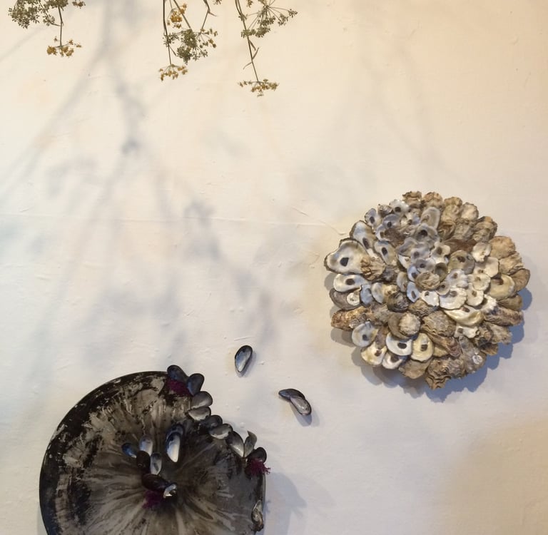 one mussel mandala and one oyster shell mandala